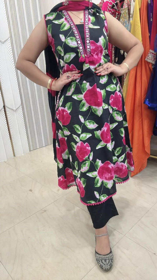 Cotton Suit on Digital Print Fabric - Black base with pink floral print Cotton women's ethnic wear