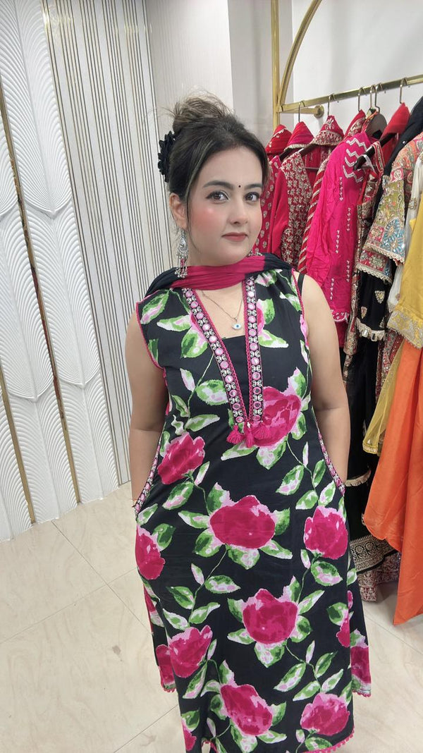 Cotton Suit on Digital Print Fabric - Black base with pink floral print Cotton women's ethnic wear