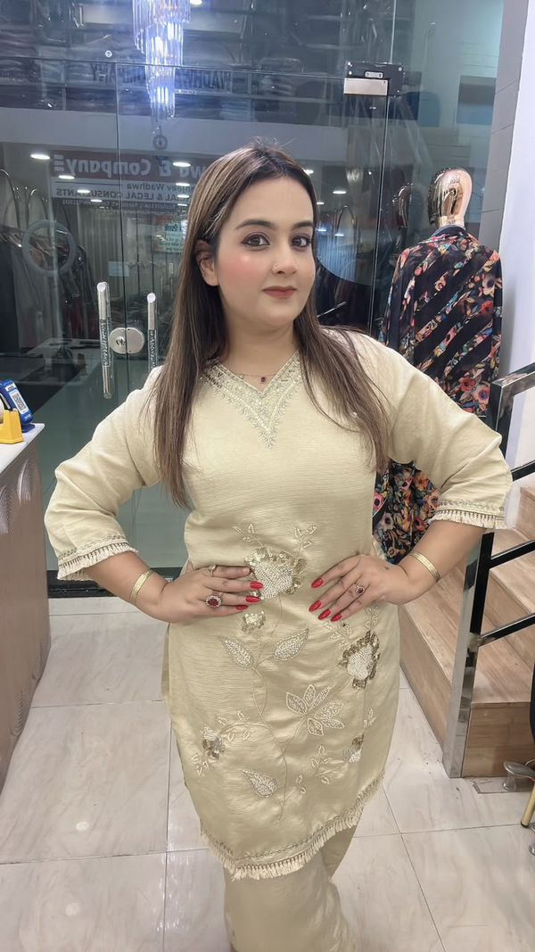 Cream cord set with Farshi salwar full front view
