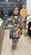 Cotton Farshi suit with multicolor floral print and black lace detailing full front view