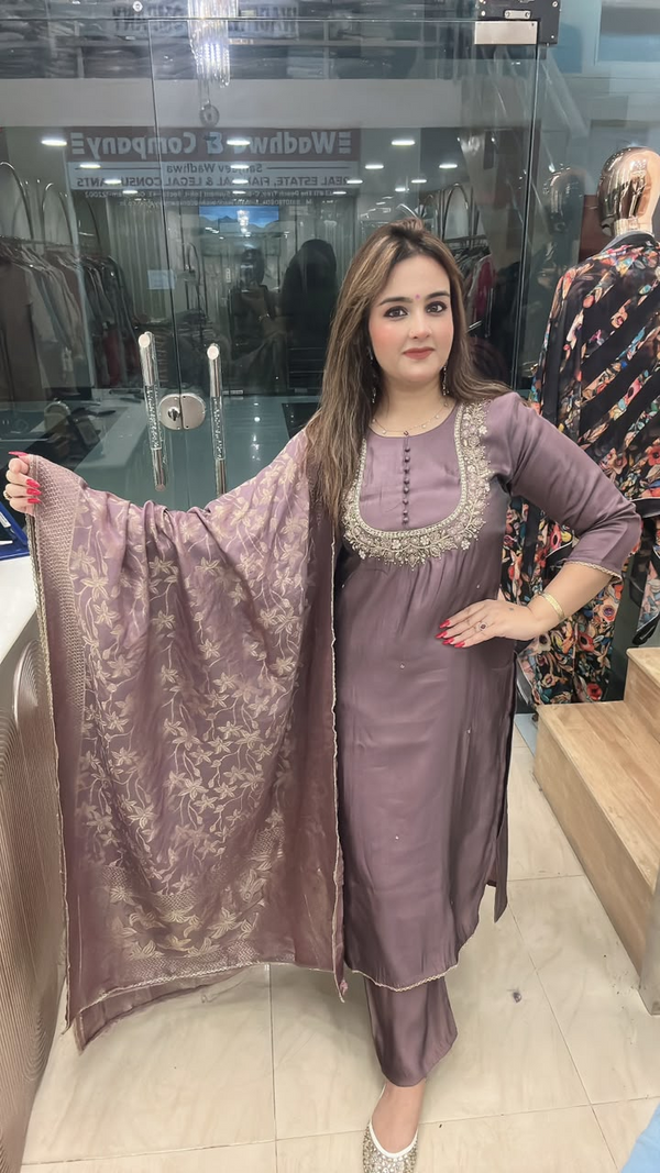Mauve Dupion silk suit with Banarasi dupatta full front view