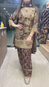 Maroon farshi suit on cotton fabric paisley and lace work close view