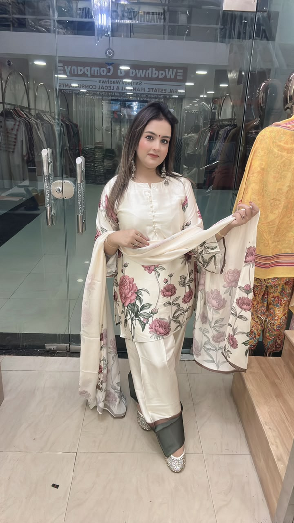 Farshi suit on pure muslin crape fabric with matching floral dupatta full view
