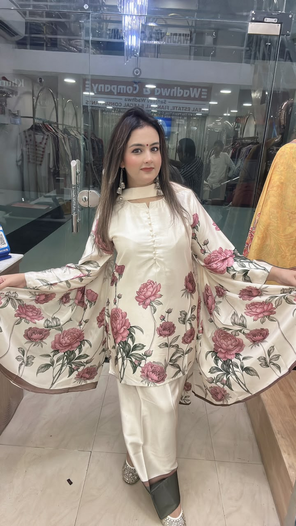 Farshi suit on pure muslin crape fabric with pink floral print full front view