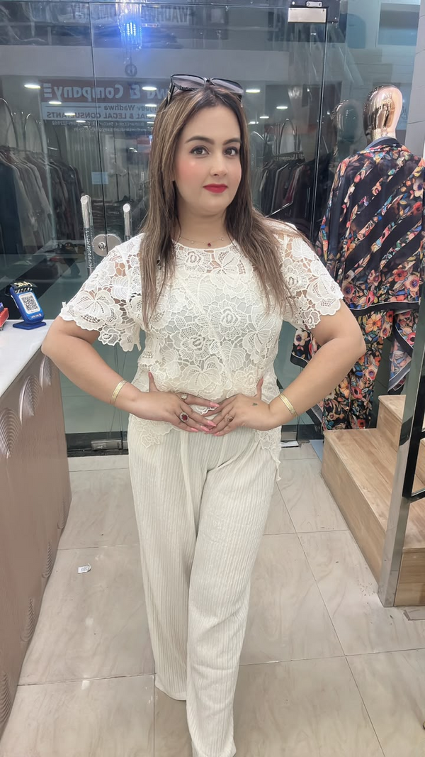 Cream imported fabric cord set with lace top and pants full view