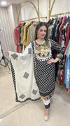 New Pakistani Style Pure Cotton Suit - Black and white polka dot with floral print Pure Cotton women's ethnic wear