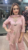 Pink party wear pure Chinon suit with neckline embroidery close view
