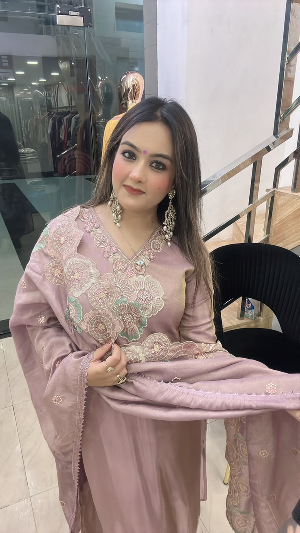 Pink shimmer crape suit neckline embroidery and dupatta close view