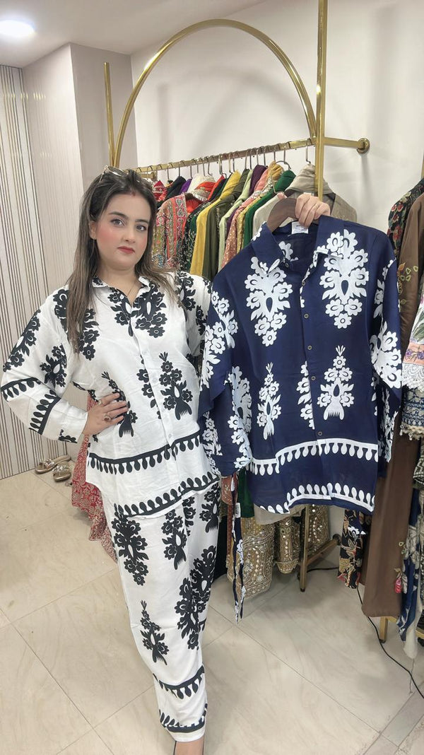 New Co-ord Set in Cotton Rayon Fabric - Navy blue and white Cotton Rayon women's ethnic wear