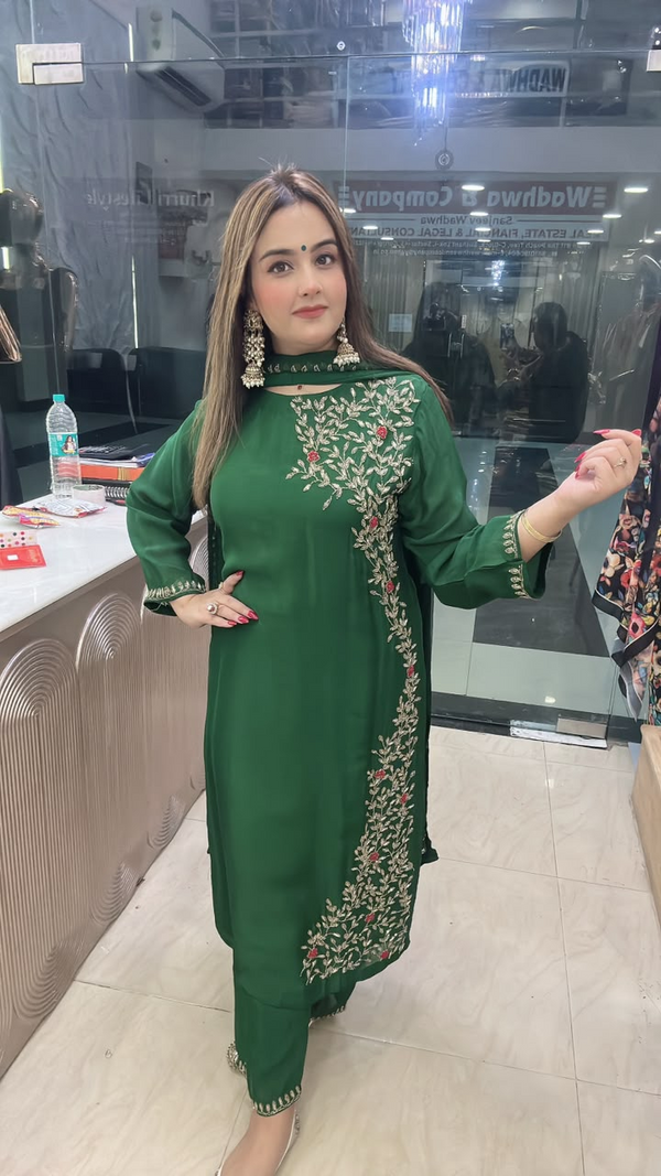 Green pure Chinon suit with floral embroidery full front view