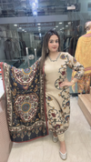 Beige pure muslin suit with floral print dupatta full front view