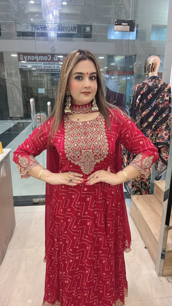 Red pure Chinon Anarkali dress with mirror work yoke and matching dupatta close front view