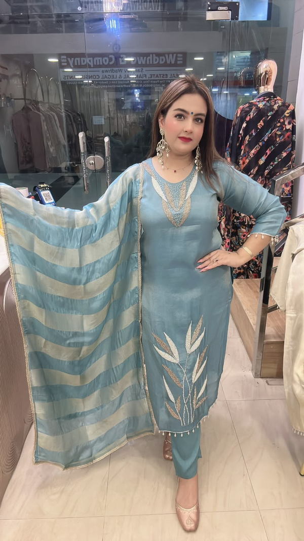 Blue shimmer crape suit with striped dupatta full front view