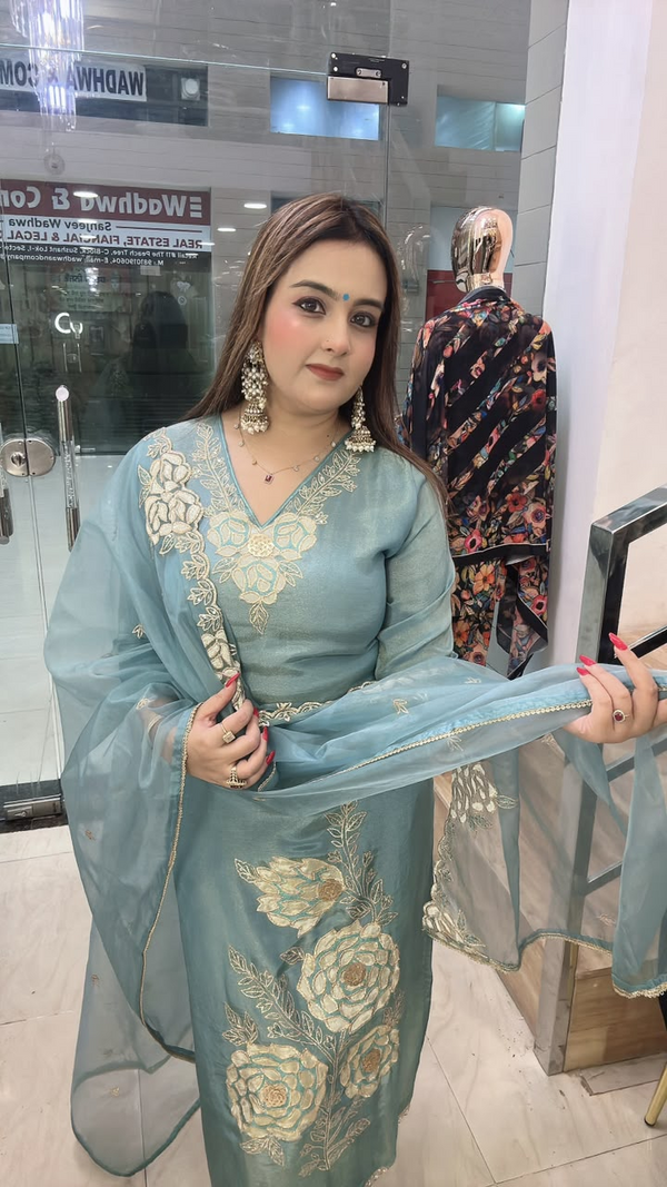 Blue shimmer crepe suit with 3D work neckline and dupatta close view