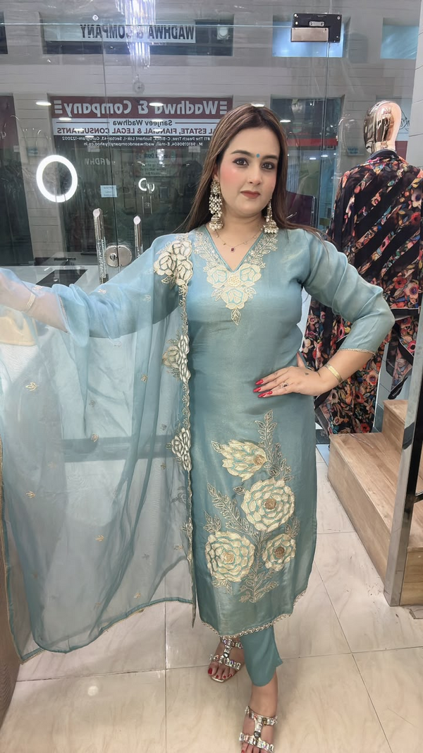 Blue shimmer crepe suit with 3D floral work and matching dupatta full front view
