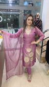 Mauve shimmer crepe suit with 3D work and matching dupatta full front view
