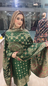Green pure Kanjiwaram silk suit with ornate dupatta close front view for Teej special