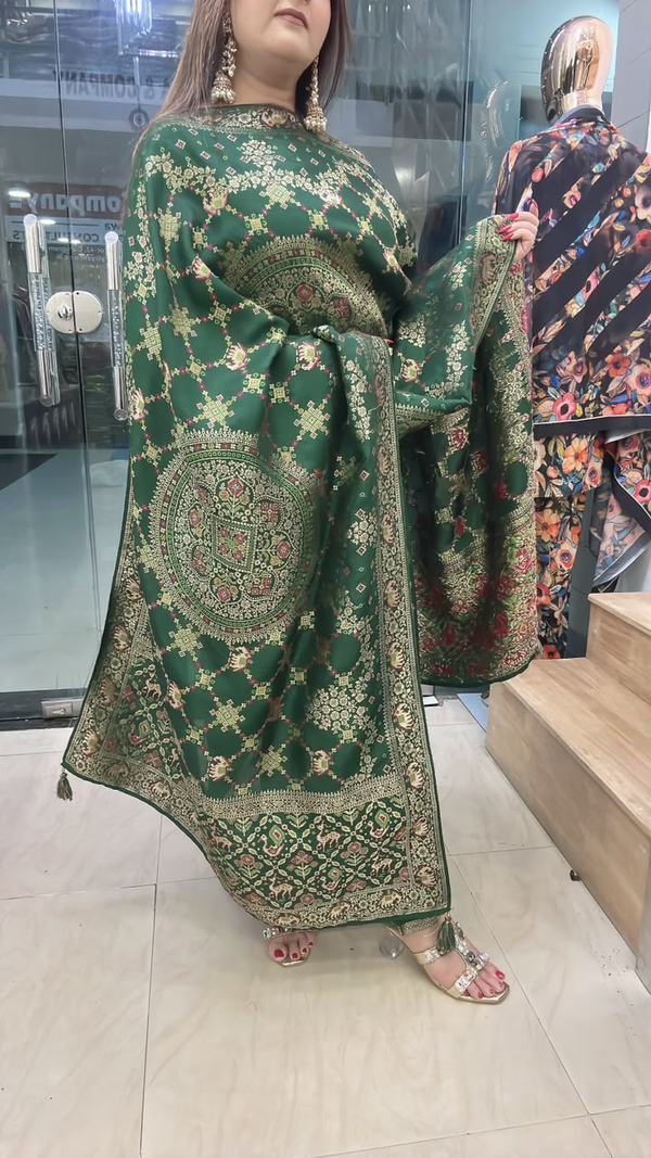 Teej special green Kanjiwaram silk suit with heavy printed dupatta side view
