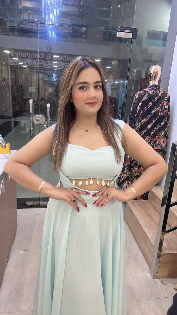 Light blue georgette western dress with waist cutout close view