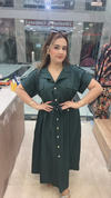 Dark green western dress in imported fabric with button front and waist tie