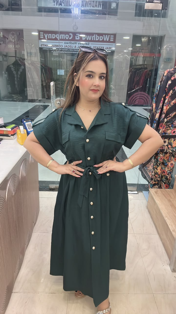 Dark green western dress in imported fabric with button front and waist tie