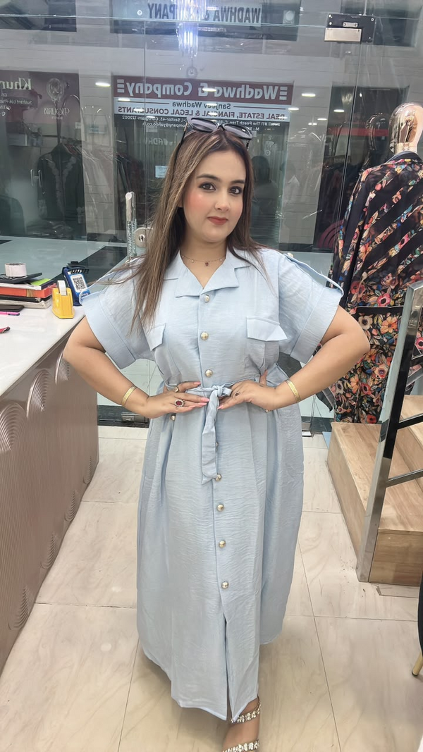 Light blue western dress in imported fabric with button front and waist tie
