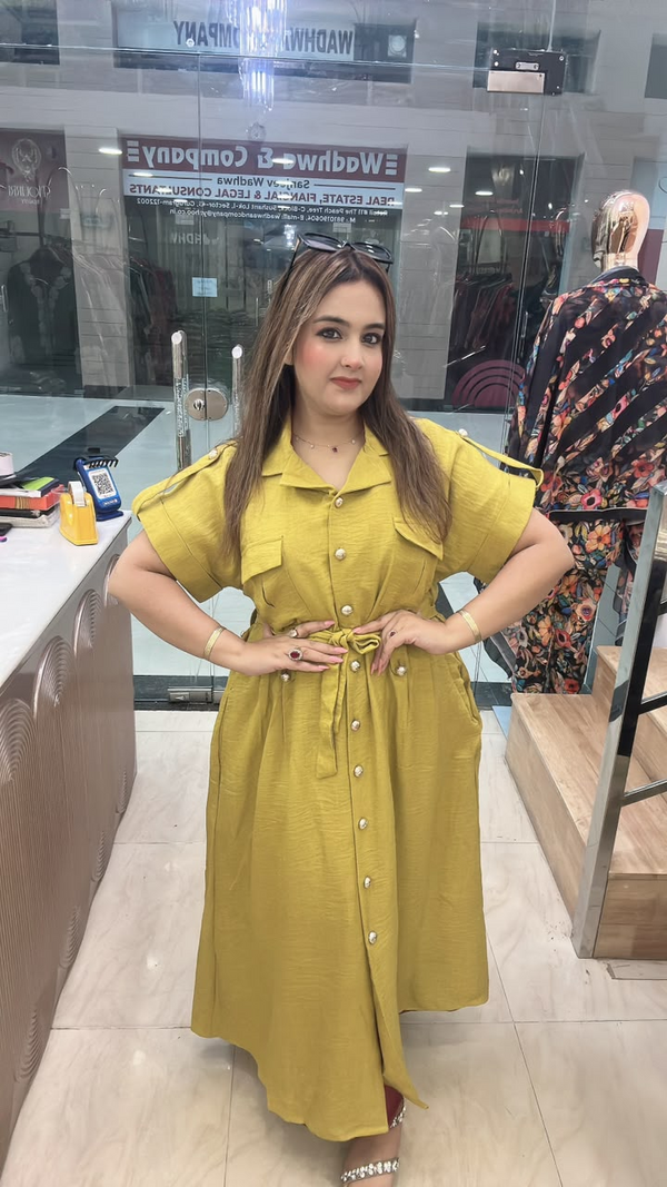 Mustard western dress in imported fabric with button front and waist tie