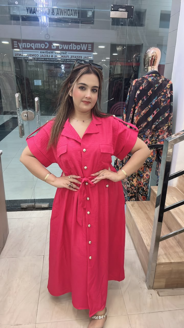 Pink western dress in imported fabric with button front and waist tie