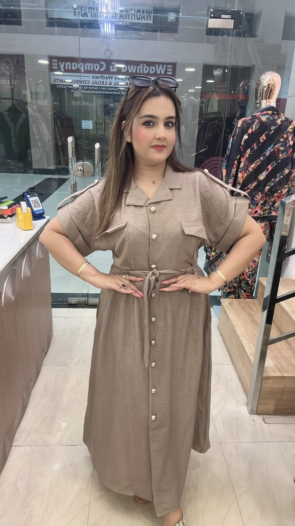 Taupe western dress in imported fabric with button front and waist tie
