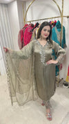 New Pakistani Style Suit in Satin Fabric with Handwork - Olive green Satin women's ethnic wear
