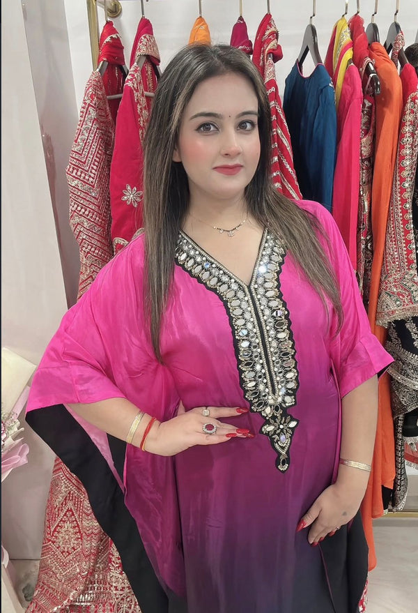 Beautiful Ombre Kaftan with Neckline Work and Pants - Pink and black ombre Cotton Blend women's ethnic wear