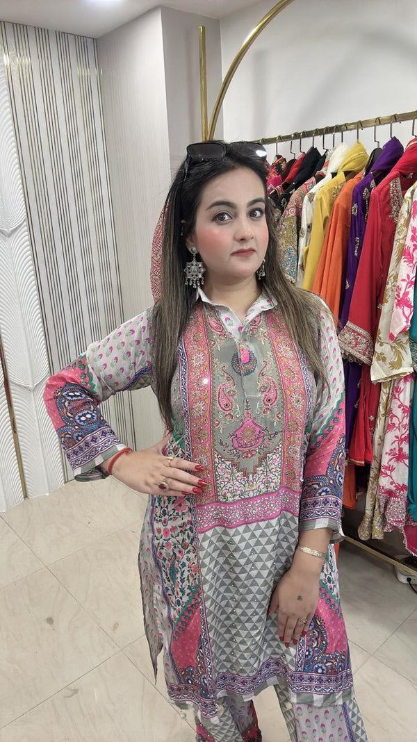 Pure crape fabric cordset with work and farshi salwar