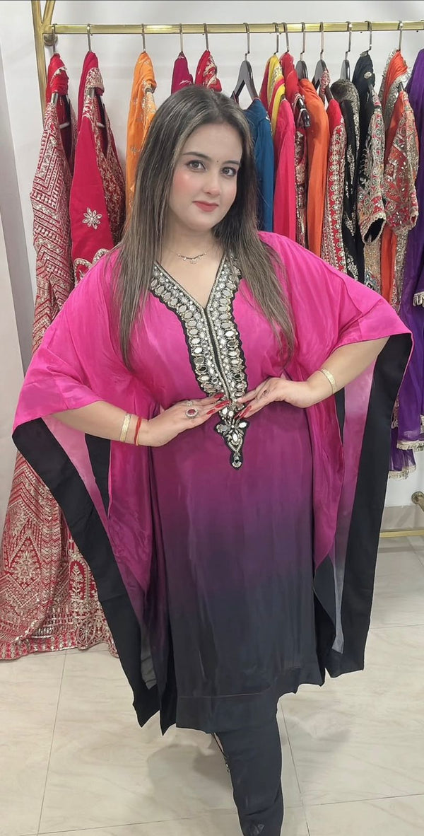 Beautiful Ombre Kaftan with Neckline Work and Pants - Pink and black ombre Cotton Blend women's ethnic wear