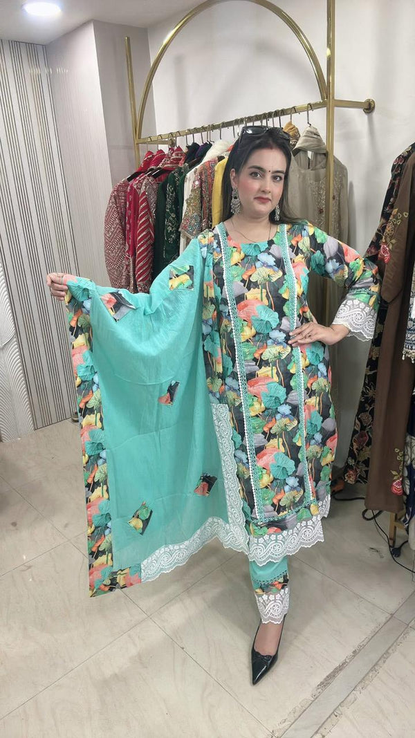 New Pakistani Style Pure Cotton Suit - Mint green with multicolor floral print Pure Cotton women's ethnic wear