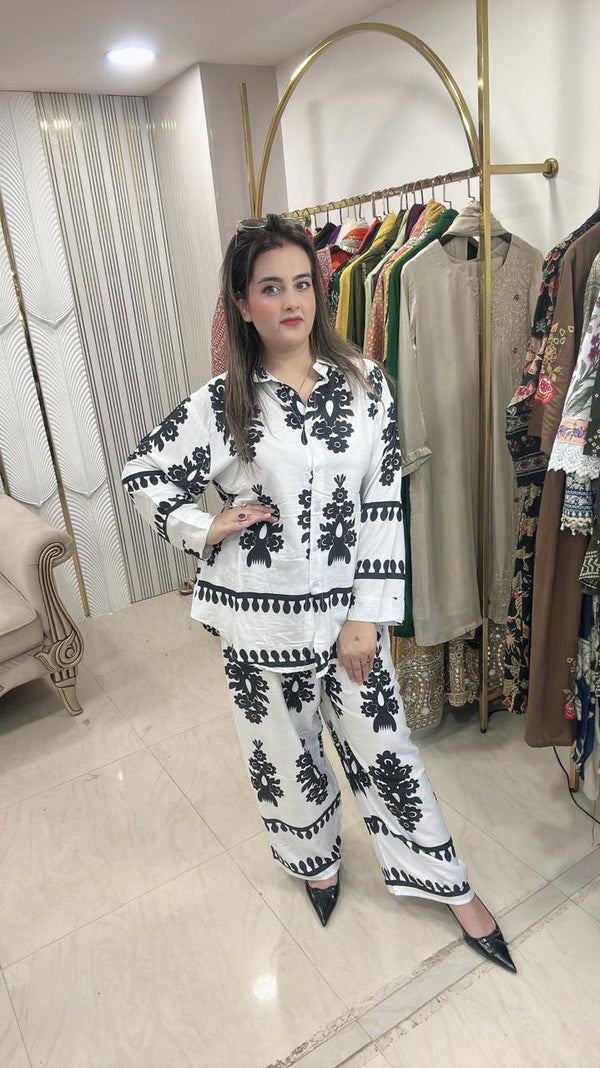 New Co-ord Set in Cotton Rayon Fabric - Navy blue and white Cotton Rayon women's ethnic wear