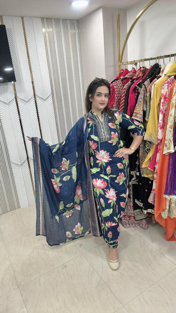 New Pathani Suit in Pure Cotton Fabric - Navy blue with pink floral print Pure Cotton women's ethnic wear
