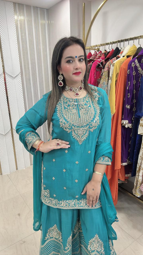 Semi party wear suits Pure chinon fabric