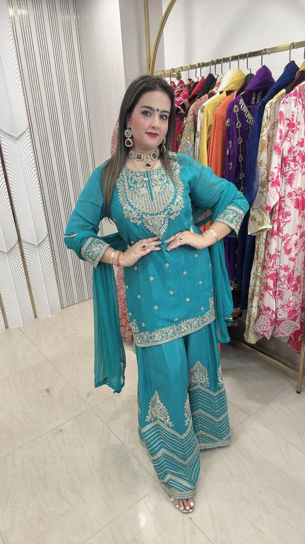 Semi party wear suits Pure chinon fabric