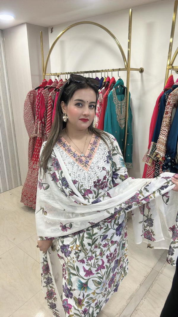 New Pakistani Style Cotton Suit - Deep blue with intricate white embroidery Pure Cotton women's ethnic wear