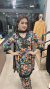 Cotton Farshi suit with floral print and black lace neck detail close front view