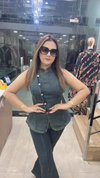 Denim cord set with sleeveless button top close view