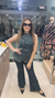 Denim cord set with sleeveless button top and flared jeans full front view