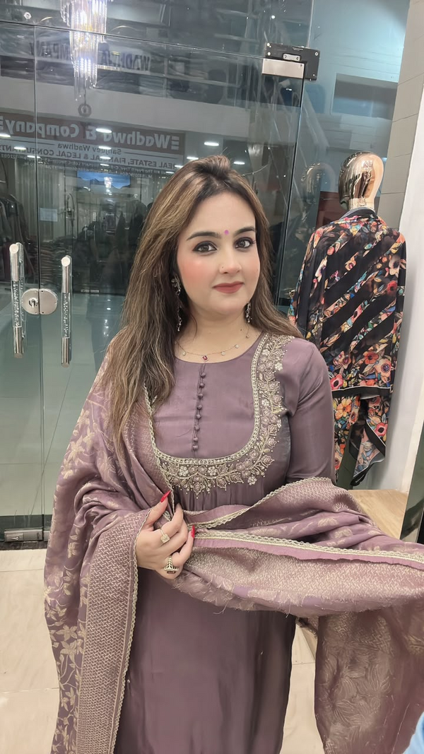 Mauve Dupion silk suit with embroidered neckline and Banarasi dupatta close view
