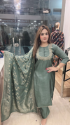 Sage green Dupion silk suit with Banarasi dupatta full front view