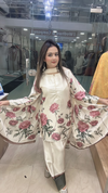 Farshi suit on pure muslin crape fabric with pink floral print full front view