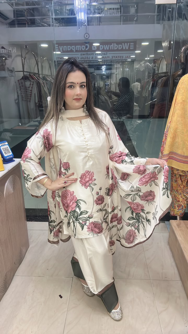 Farshi suit on pure muslin crape fabric with floral dupatta front pose