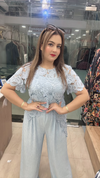 Light blue imported fabric cord set with lace top close view