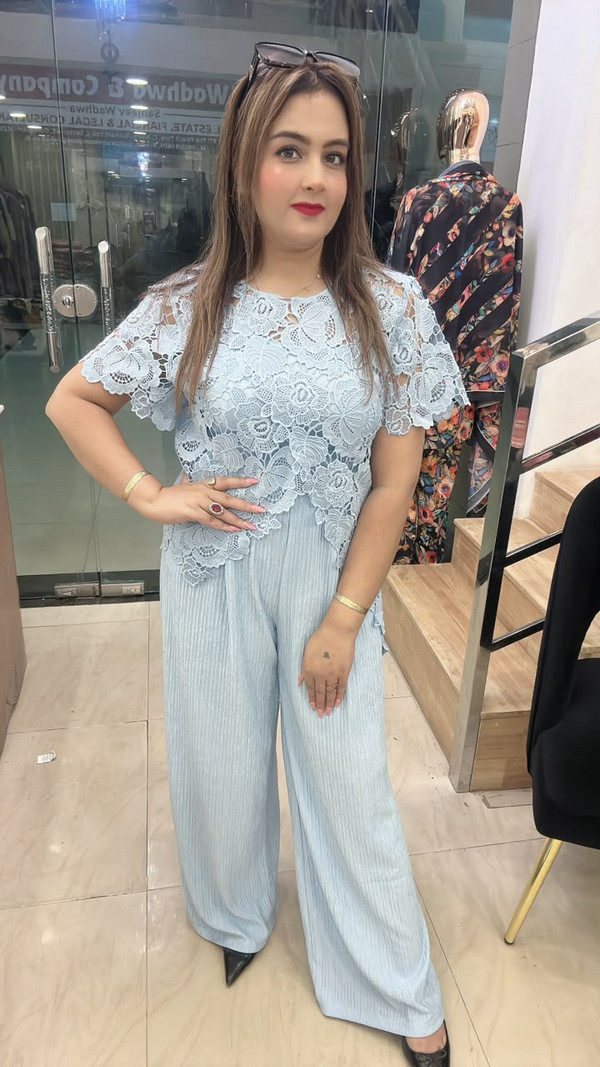 Light blue imported fabric cord set with lace top and pants full view