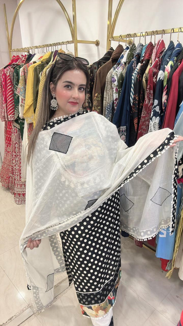 New Pakistani Style Pure Cotton Suit - Black and white polka dot with floral print Pure Cotton women's ethnic wear