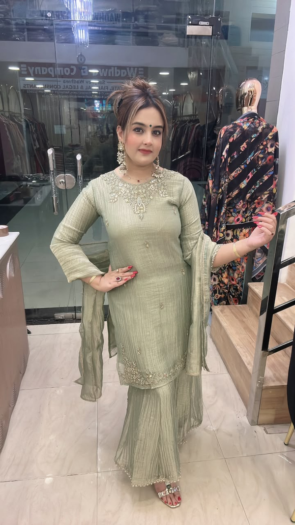 Party wear gharara suit in crush shimmer fabric full front view